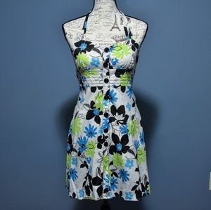 Button Front Floral Halter Cotton Sundress